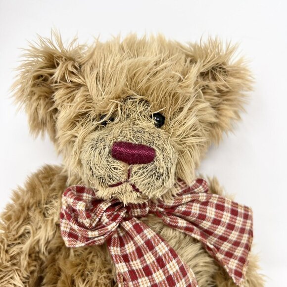 RARE Teddy Hermann Brown Bear with Plaid Bow Long Hair Burgundy Nose - Picture 2 of 8